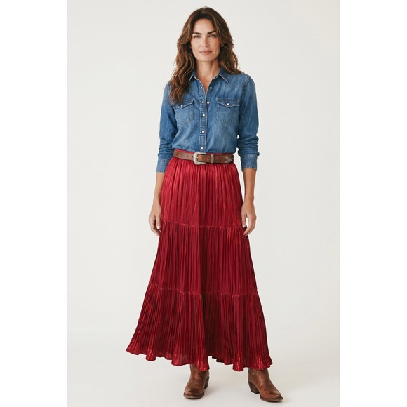 Double D Ranchwear Dresses & Skirts - Double D Ranchwear Womens Red Pleated Tiered Maxi Skirt Satin Sheen Western M